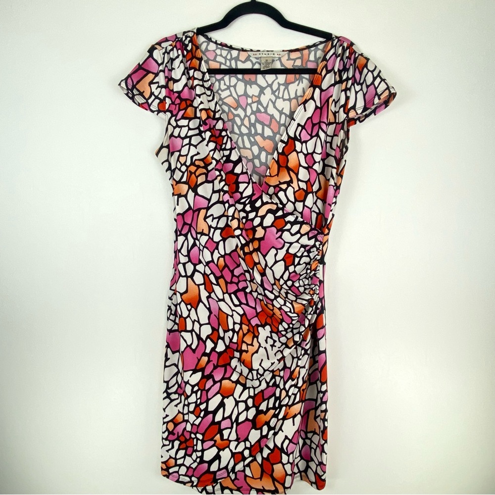 AA Studio AA Womens 10 Ruched Dress Animal Print V Neck Pink Orange Cap Sleeve